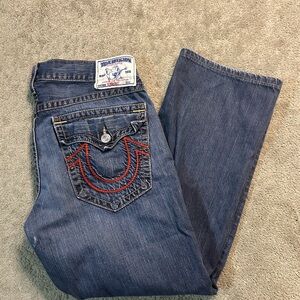 Vintage True Religion Baggy Straight Jeans Red Embroidered Y2K Made In USA 38x30